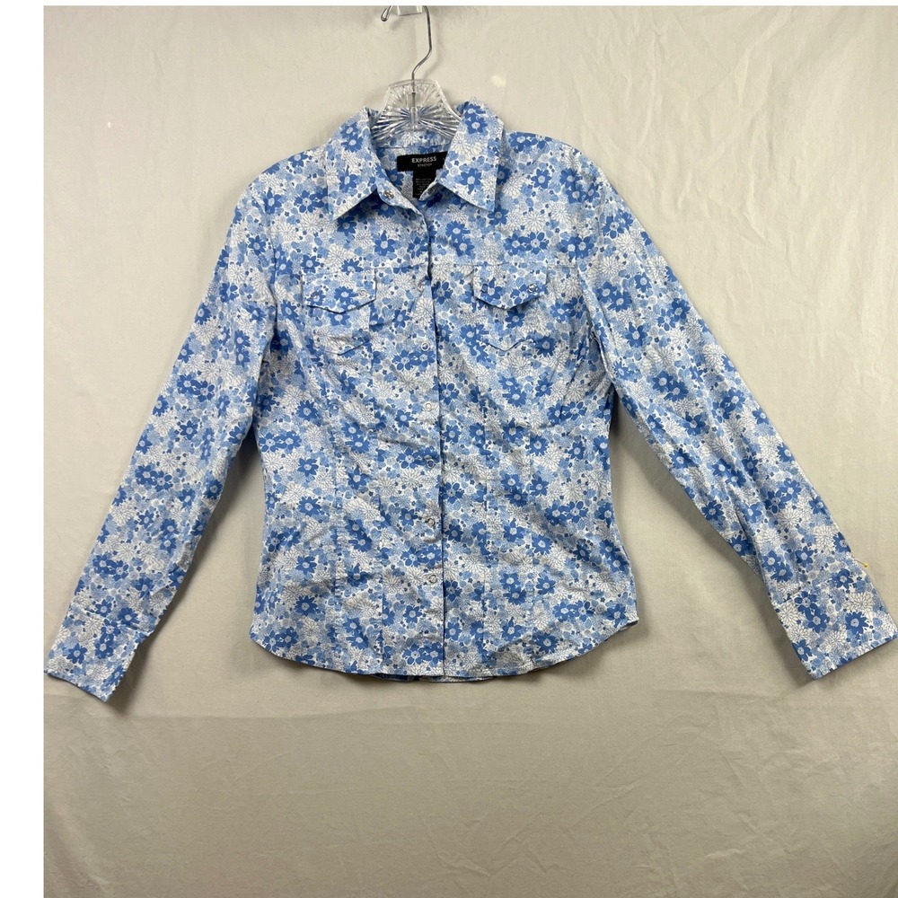 Y2k Express Stretch Snap Up Shirt Womens 9/10 Blue Floral Long Sleeve Western